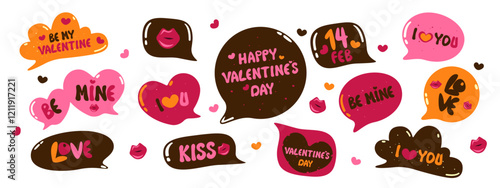 Collection of speech bubbles with text. Happy Valentine's Day, love, February 14, be mine, kiss, I love you, declaration of love. Vector illustration.