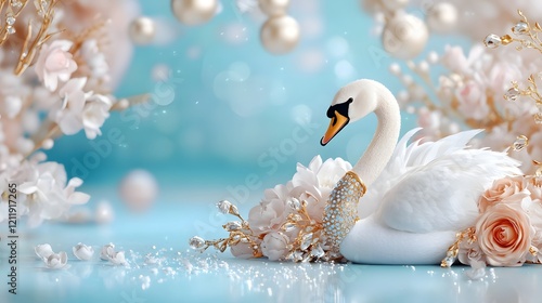 Fototapeta Naklejka Na Ścianę i Meble -  Regal swan adorned with intricate jewels and gold standing in a lavish and opulent palace setting symbolizing the grandeur and splendor of nobility and royalty