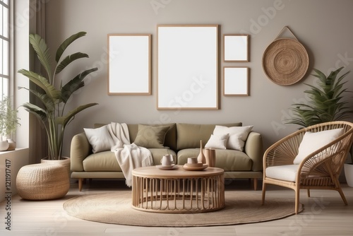 warm space with Khaki sofa, wooden side tables, rattan armchair, blank poster frames