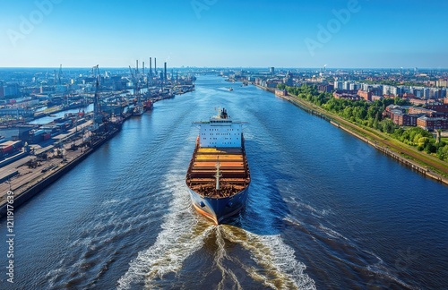 Industrial Port Scene with Large Cargo Ship Navigating Waterway in Bright Blue Sky Overhead and Cityscape in Background, Captured in Vivid Colors photo