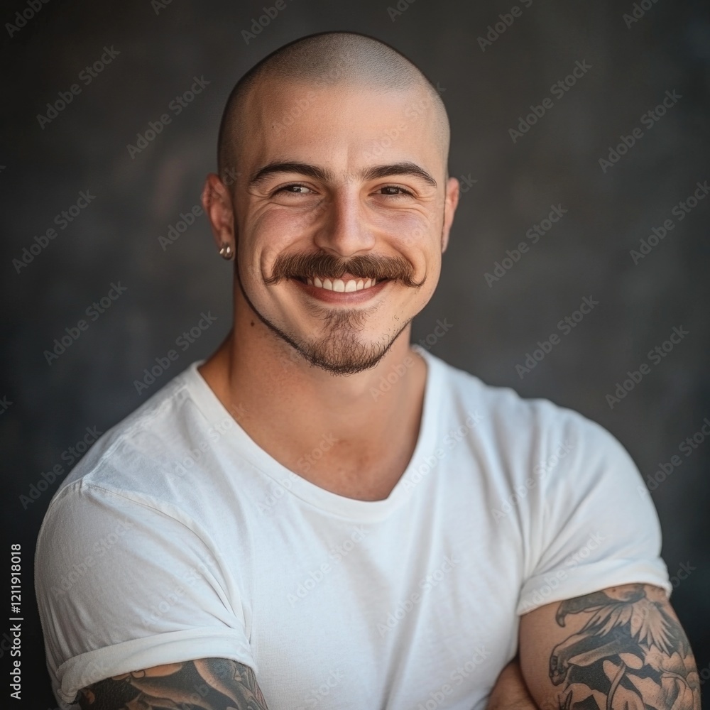Fototapeta premium A smiling man with a tattoo on his arm, perfect for use in personal or commercial projects