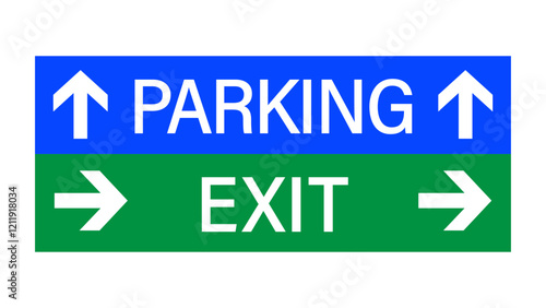 Blue parking sign together with  green exit sign. Information sign with texts and two directional arrows, one pointing up and the other right. Horizontal shape.