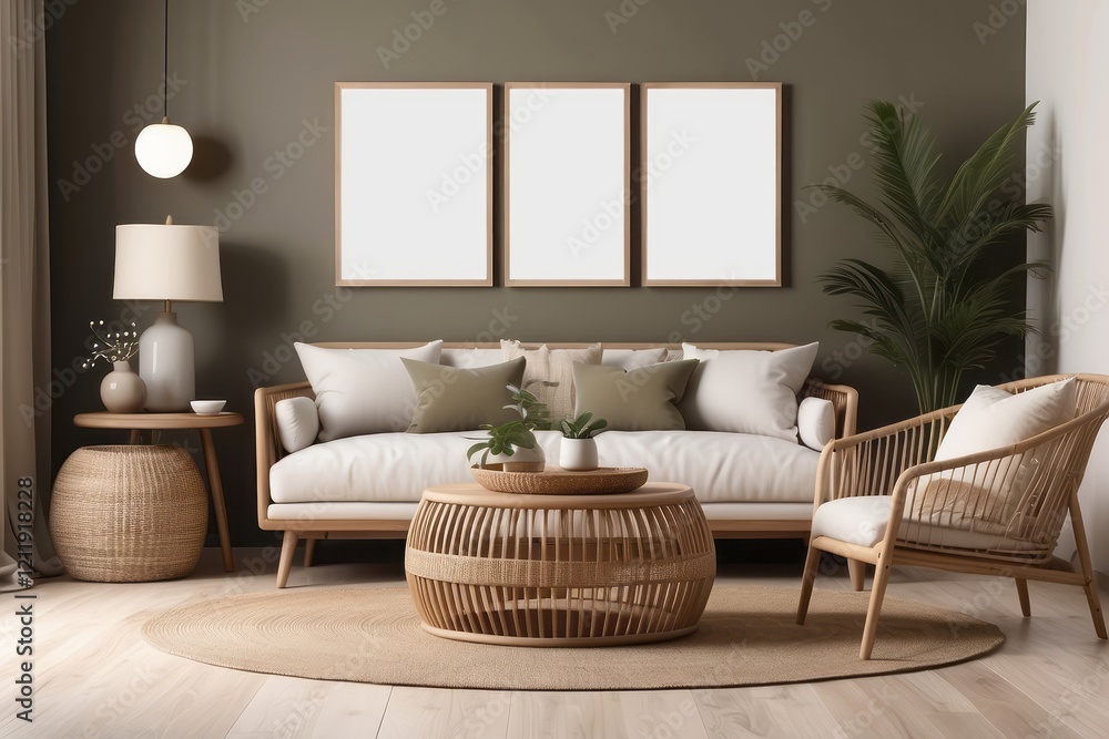 warm space with Khaki sofa, wooden side tables, rattan armchair, blank poster frames warm space with Khaki sofa, wooden side tables, rattan armchair, blank poster frames