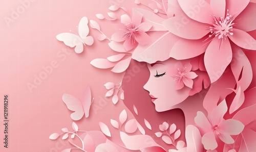beautiful woman's head profile made from colorful paper cut flowers, roses, and the text International Women's Day on a light pink background. 