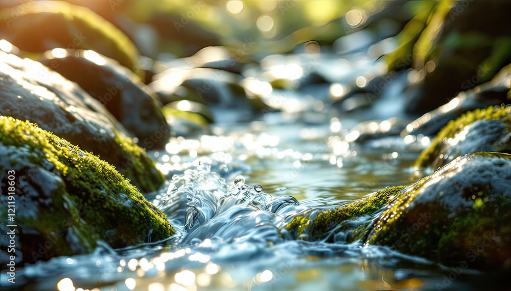 Ultra-realistic close-up shot of a crystal-clear river flowing gently through smooth rocks. The water is transparent, with light rays shining through, creating shimmering reflections on the surface. Ultra-realistic close-up shot of a crystal-clear river flowing gently through smooth rocks. The water is transparent, with light rays shining through, creating shimmering reflections on the surface.