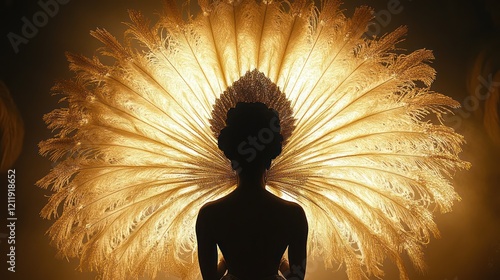 Golden Silhouette: A Backlit Figure Adorned with Ostrich Feathers