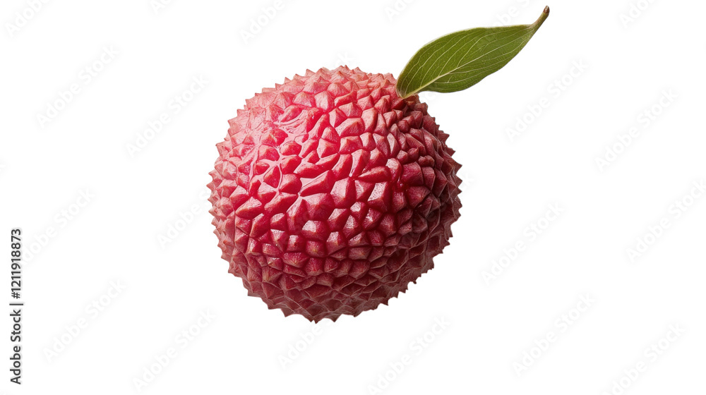 Vibrant lychee with textured skin and a green leaf rests on a bright surface Vibrant lychee with textured skin and a green leaf rests on a bright surface