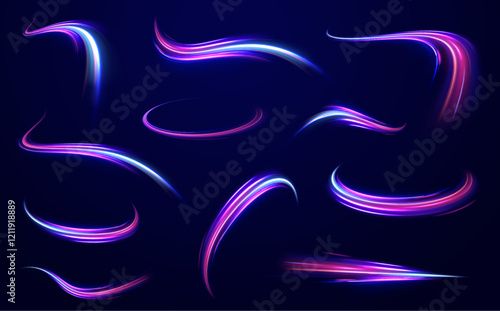 Speed of light concept background. Abstract background rotational border lines, png, effect, wave,neon,line. Neon stripes in the form of drill, turns and swirl. 