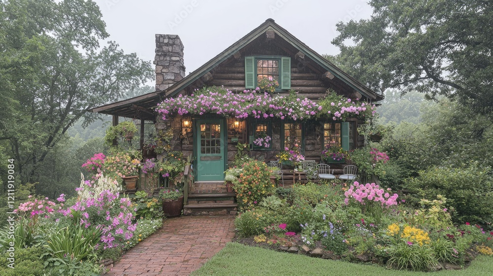 Cozy log cabin nestled in lush garden, misty mountain backdrop. Ideal for real estate, travel brochures Cozy log cabin nestled in lush garden, misty mountain backdrop. Ideal for real estate, travel brochures