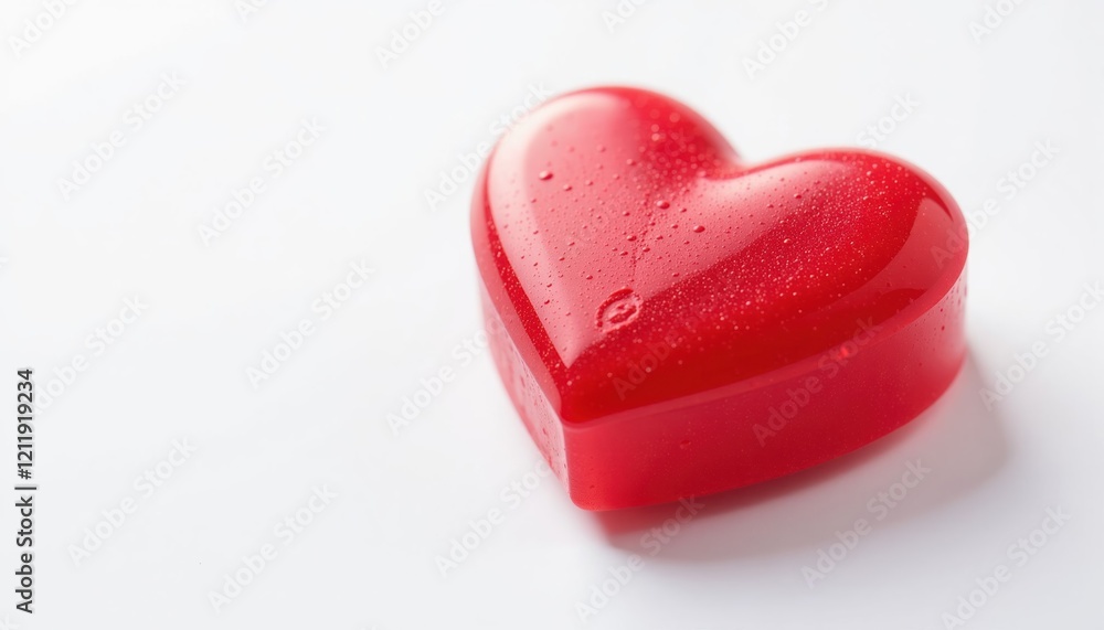 Obraz premium Red heart-shaped object with water droplets on a white background, love concept.