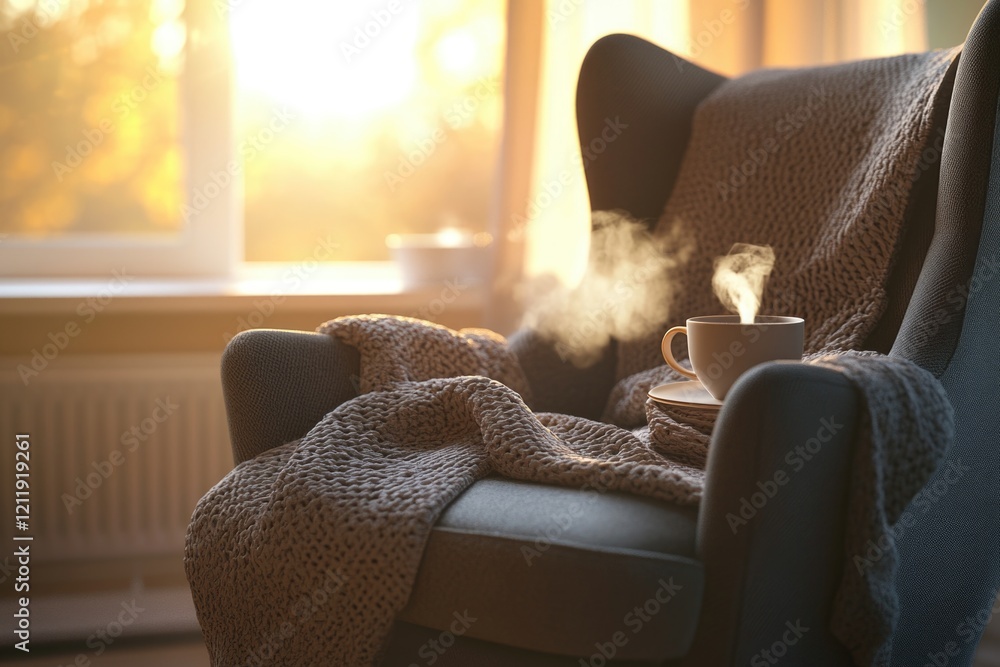 A person sits on a chair wrapped in a blanket holding a cup of coffee, perfect for a quiet morning A person sits on a chair wrapped in a blanket holding a cup of coffee, perfect for a quiet morning