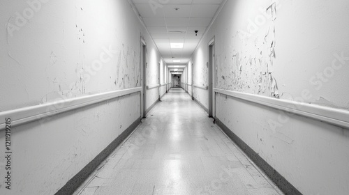 Long deserted corridor peeling paint revealing aged brick worn wooden floorboards groaning underfoot photo