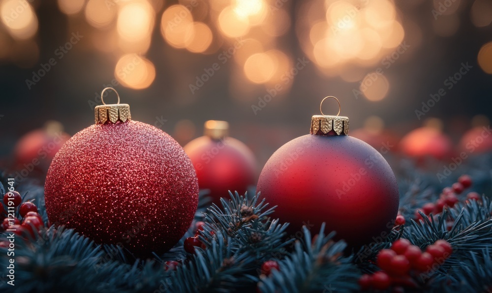 Beautiful red ornaments on evergreen branches during the holiday season Beautiful red ornaments on evergreen branches during the holiday season