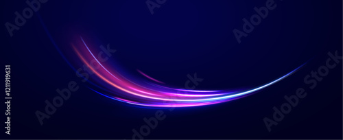Light arc in neon colors, in the form of a turn. Magic bright shine glow of energy lines, shiny swirl power waves flow, electric trail glowing. Abstract neon light motorway background.
