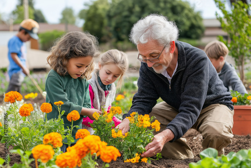 Elderly man and children working together to plant flowers in a community garden, showcasing teamwork and connection across generations