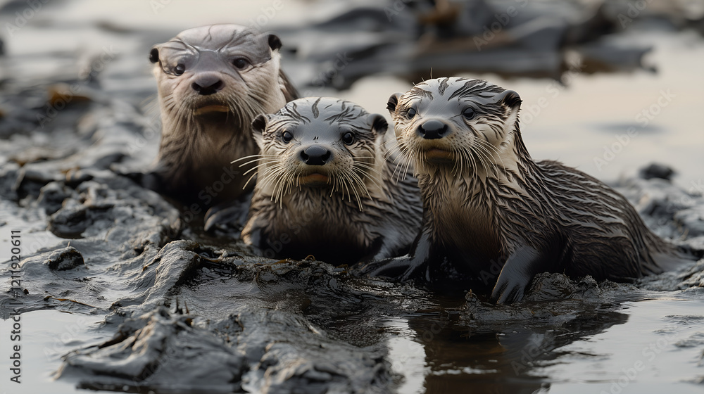 Three otters covered in oil standing in polluted water, representing the harmful effects of environmental disasters. Three otters covered in oil standing in polluted water, representing the harmful effects of environmental disasters.