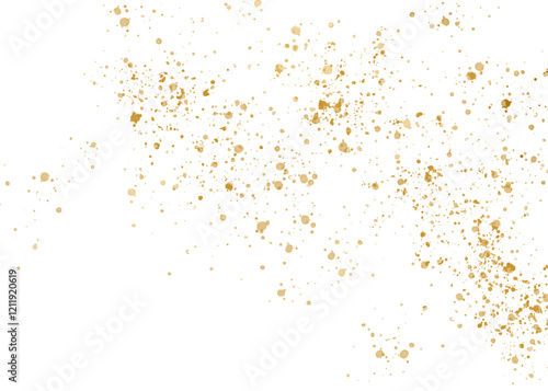 Gold shimmering glitter, scatter of sparkling confetti, sequins. Festive golden splatter decor isolated on transparent background