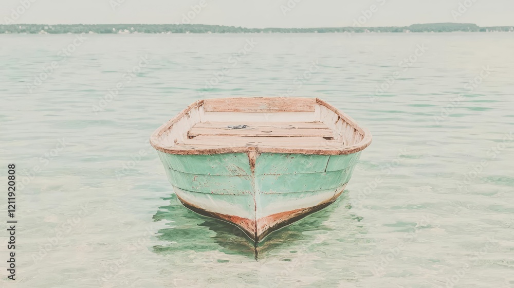 Naklejka premium Calm lake, old boat, tranquil scene, summer day, nature backdrop, peaceful travel