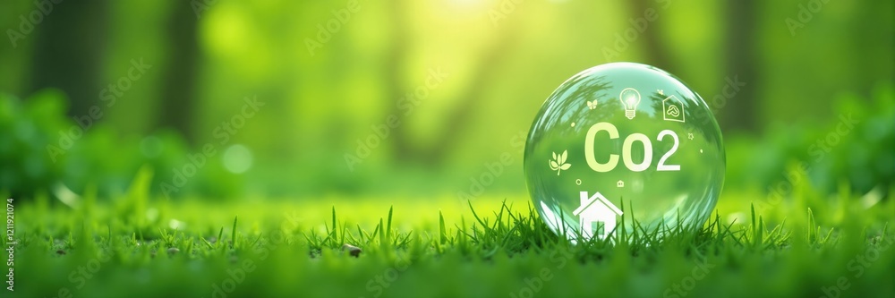 Glass ball with CO2 symbol on grass, environmental concept, nature background Glass ball with CO2 symbol on grass, environmental concept, nature background