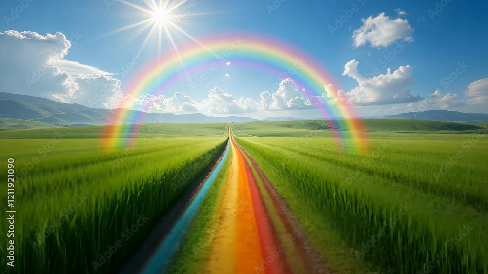 Rainbow path through lush green fields at sunset. Rainbow path through lush green fields at sunset.