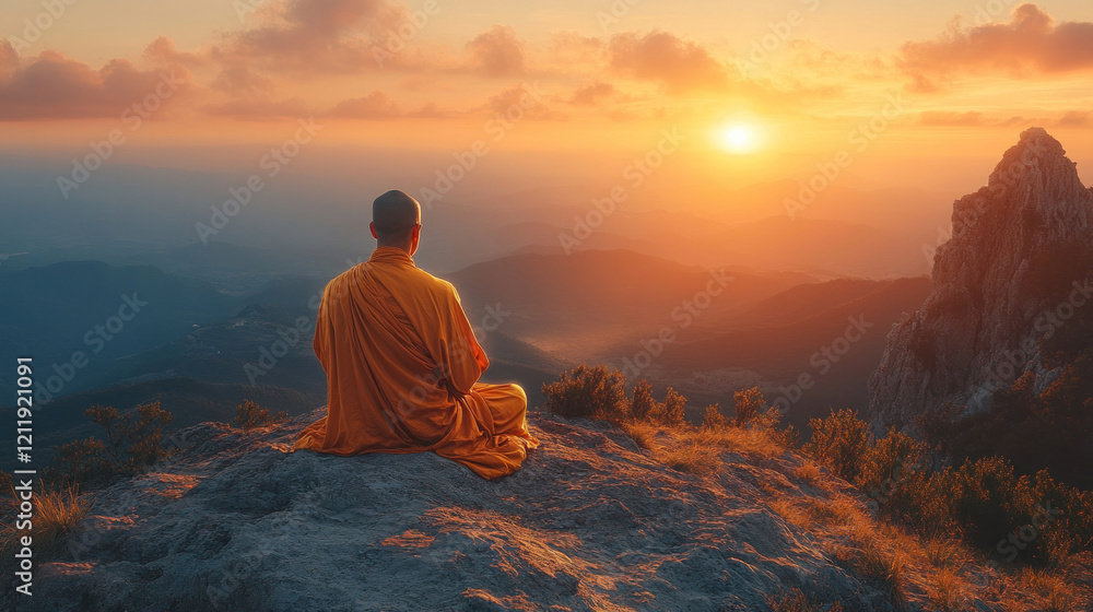 Obraz premium A Buddhist monk praying alone on a mountain peak at sunrise, symbolizing solitude and connection