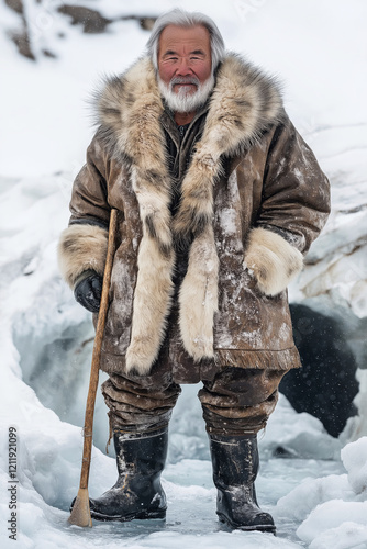 Portrait of an Inuit fisherman wearing sealskin boots and a fur-lined coat, standing beside a frozen fishing hole.