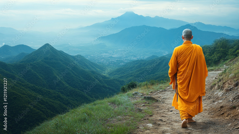 A Buddhist monk walking along a mountain trail, with prayer beads in hand and a peaceful demeanor A Buddhist monk walking along a mountain trail, with prayer beads in hand and a peaceful demeanor