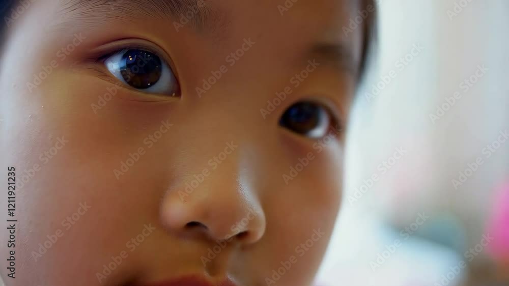 Child's Curious Gaze Captured in Close-Up Revealing Innocence and Wonder in a Warm Indoor Setting Child's Curious Gaze Captured in Close-Up Revealing Innocence and Wonder in a Warm Indoor Setting