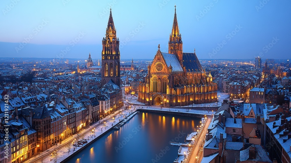 Fototapeta premium Snowy Bruges at Dusk: A Panoramic View of the Church of Our Lady and Belfry