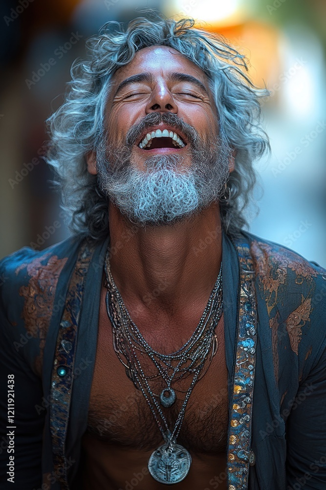 Fototapeta premium Grey-haired man jubilantly posing with closed eyes.