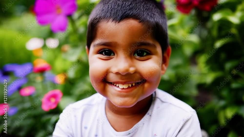 Happy Child Smiles Brightly in Colorful Garden Surrounded by Vibrant Flowers and Greenery