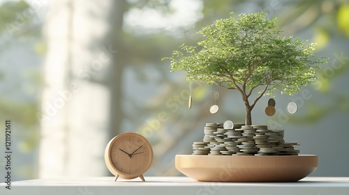 Money tree with coins and clock. Concept of investment, growth, and time.