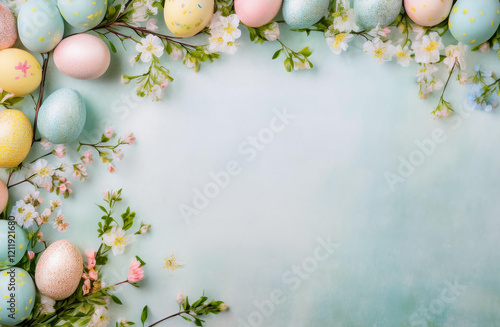 easter eggs spring flowers light pastel textured background photo