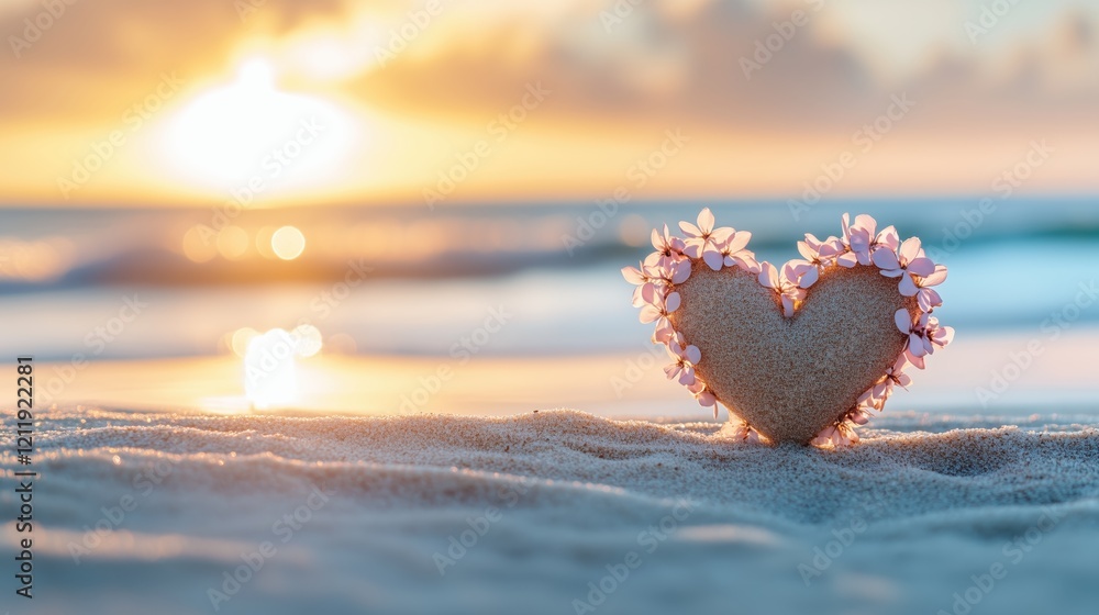 Fototapeta premium Heart-shaped stone adorned with flowers on sandy beach at sunset