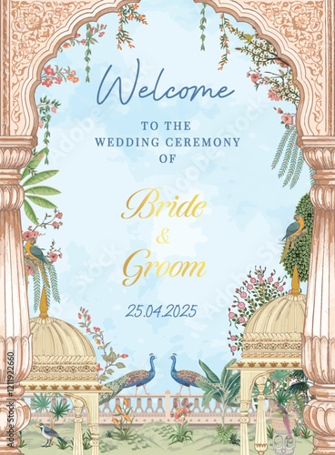 Elegant Mughal arch frame with intricate pillars, vibrant peacocks, and lush floral details. can be used as a welcome board, wedding invitation, etc.