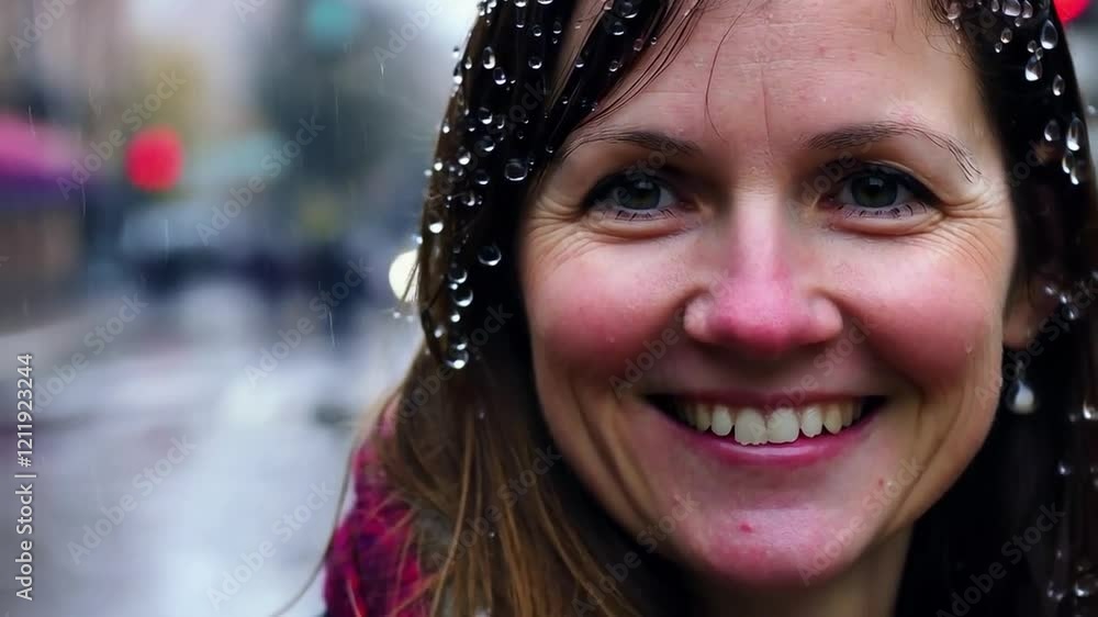 Smiling Woman in Rainy Urban Street Captures Joy Despite Weather Challenges Smiling Woman in Rainy Urban Street Captures Joy Despite Weather Challenges