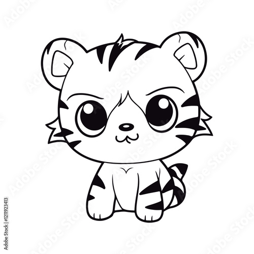 Coloring book for children baby Tiger kawai Black and white vector illustration.