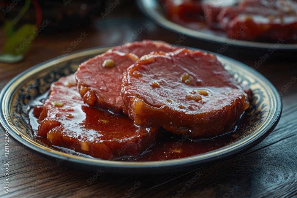 Close-up shot of a plate of cooked meat on a table Close-up shot of a plate of cooked meat on a table