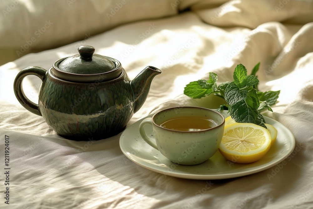 green clay teapot and tea cup, plate with mint leaves and lemon slice on the linen sheet green clay teapot and tea cup, plate with mint leaves and lemon slice on the linen sheet