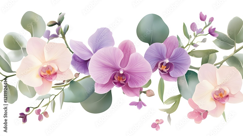 Obraz premium Elegant Floral Arrangement Featuring Colorful Orchids and Lush Greenery for Nature and Design Purposes