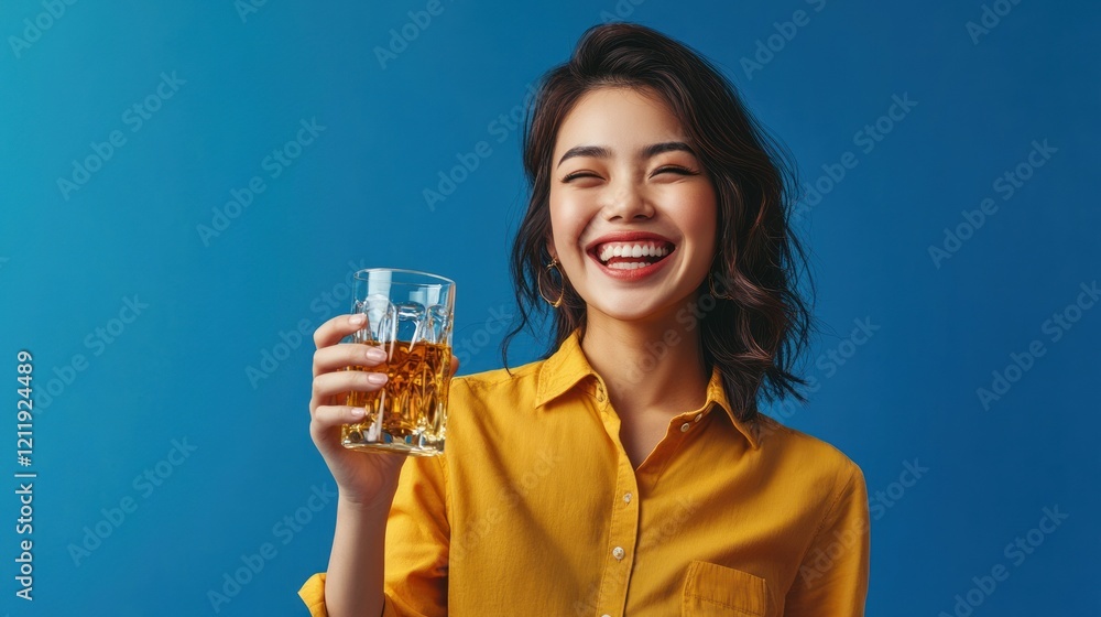 Laughing woman in yellow shirt with whiskey glass. Laughing woman in yellow shirt with whiskey glass.
