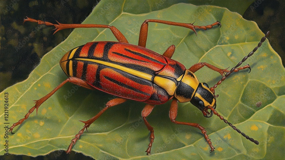 Fototapeta premium Colorful beetle on green leaf, close-up macro shot, rainforest background, nature illustration