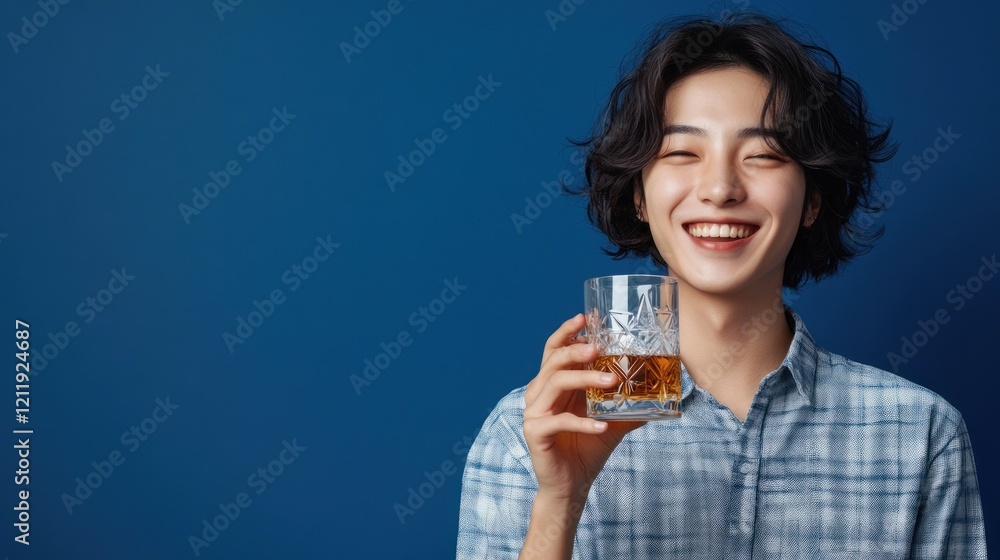 Smiling young man with drink against blue backdrop. Smiling young man with drink against blue backdrop.