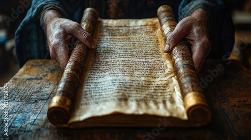 A Torah scroll being gently rolled by a rabbi during a sacred ceremony in a synagogue photo