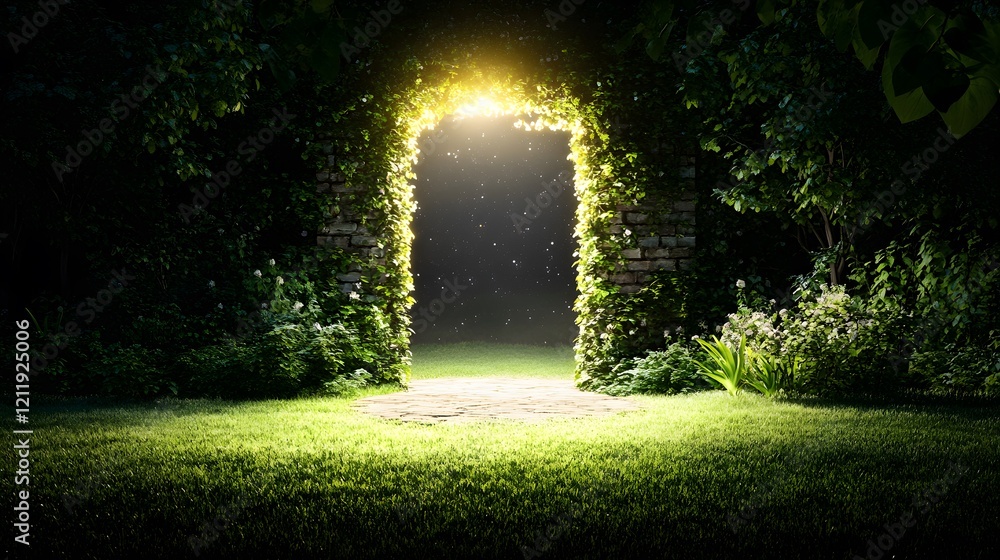 Obraz premium Enchanted Portal Surrounded by Lush Greenery with Soft Light Rays in a Mystical Garden Scene