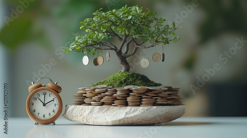 Money tree with coins and clock. Concept of investment, growth, and time.