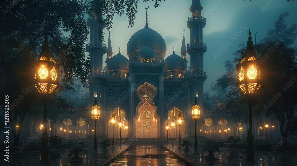 Fototapeta premium A stunning Cairo mosque lit with golden lights reflecting on marble, a crescent moon above, and the softly glowing cityscape during Ramadan night.