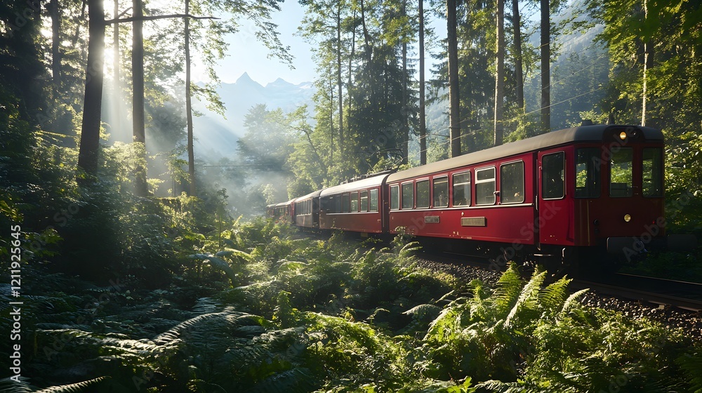 Fototapeta premium Scenic Red Train Journey Through Lush Green Forest with Sunlight Streaming Over Majestic Mountain Peaks