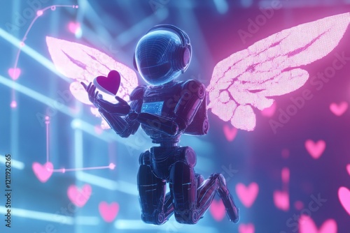 Flying robot with digital wings holding a red heart. photo