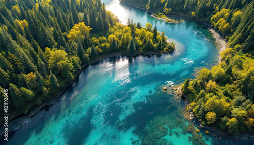 Fototapeta Naklejka Na Ścianę i Meble -  Hyper-realistic aerial view of a winding river with crystal-clear water snaking through a forested landscape. The river reflects the sunlight, creating a shimmering effect on its surface.